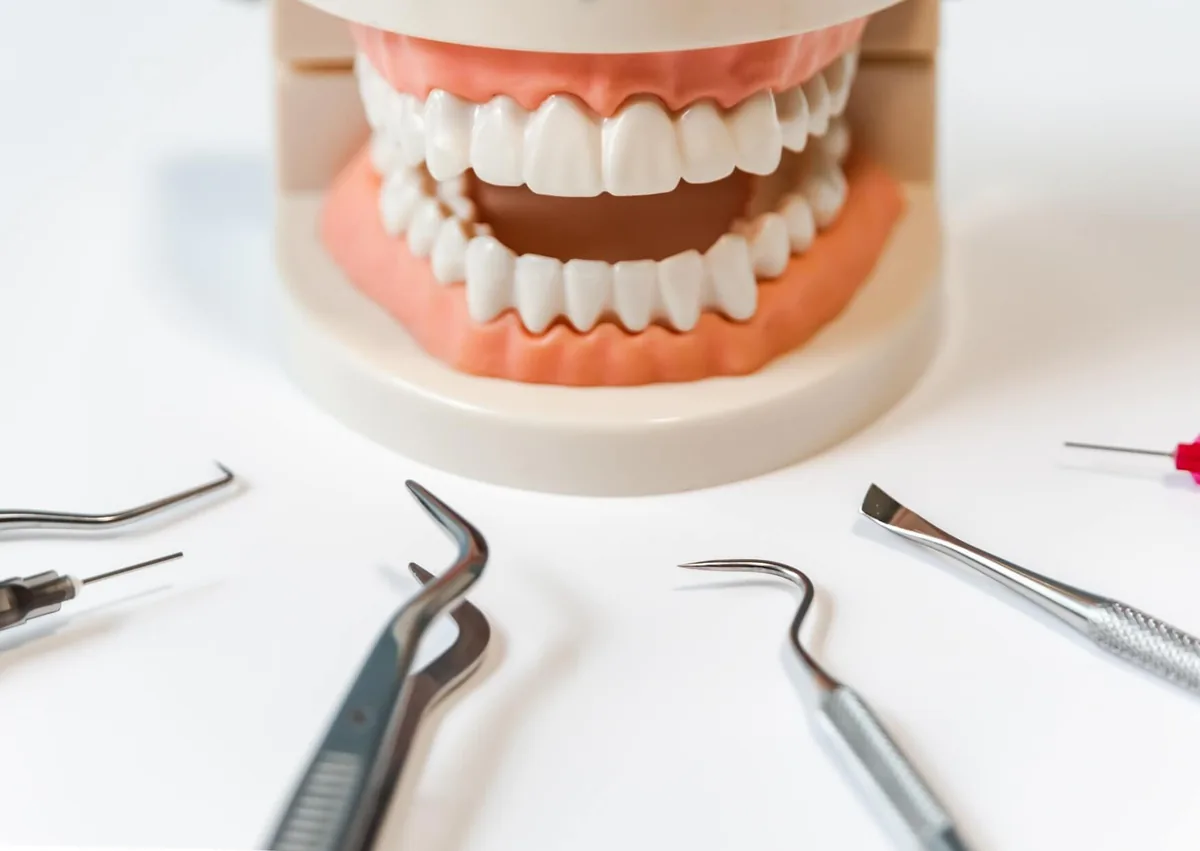 Dental model and instruments used to illustrate gum contouring and reshaping of the gumline.