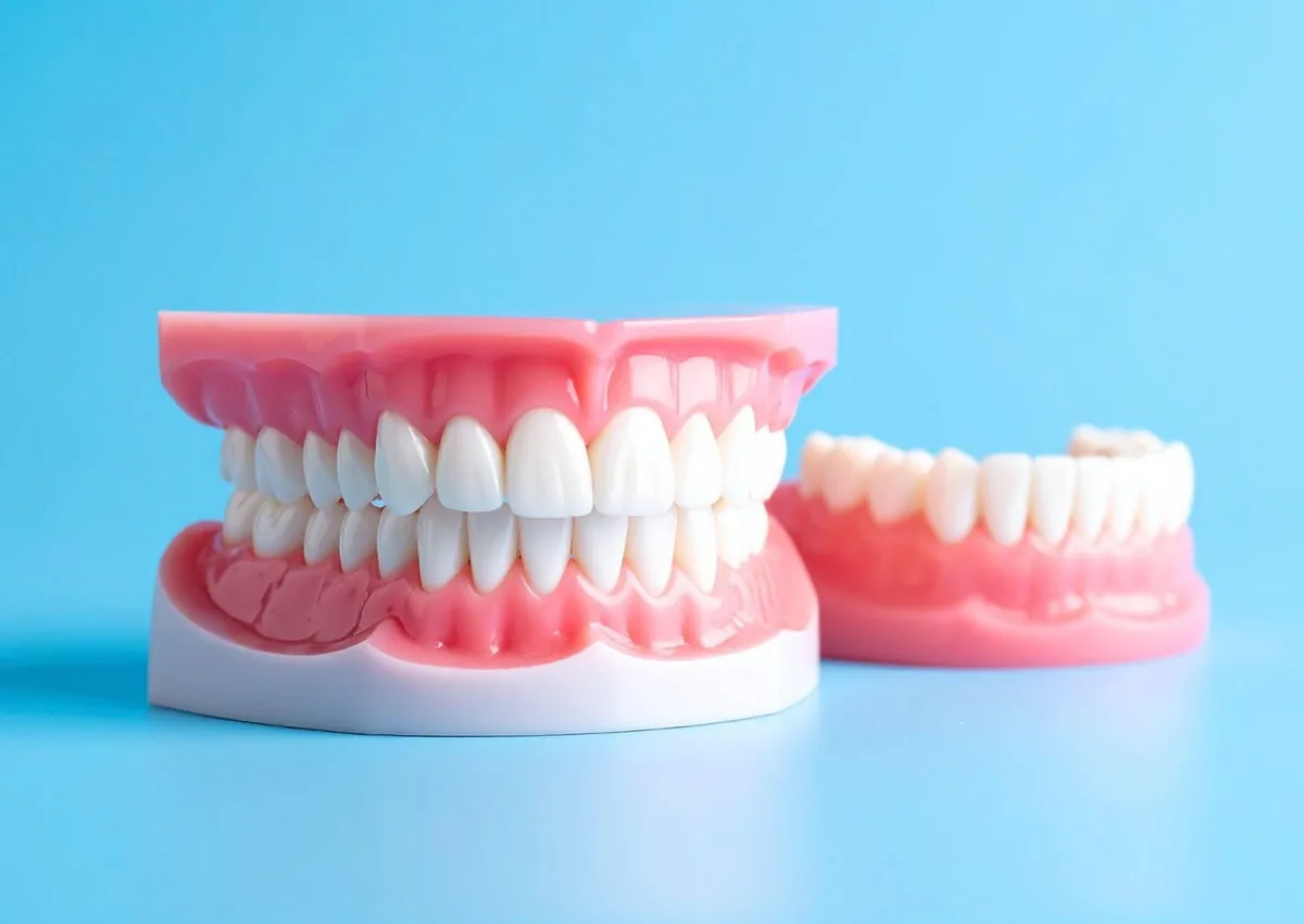 Full denture models showing artificial teeth and gums used to replace missing teeth.