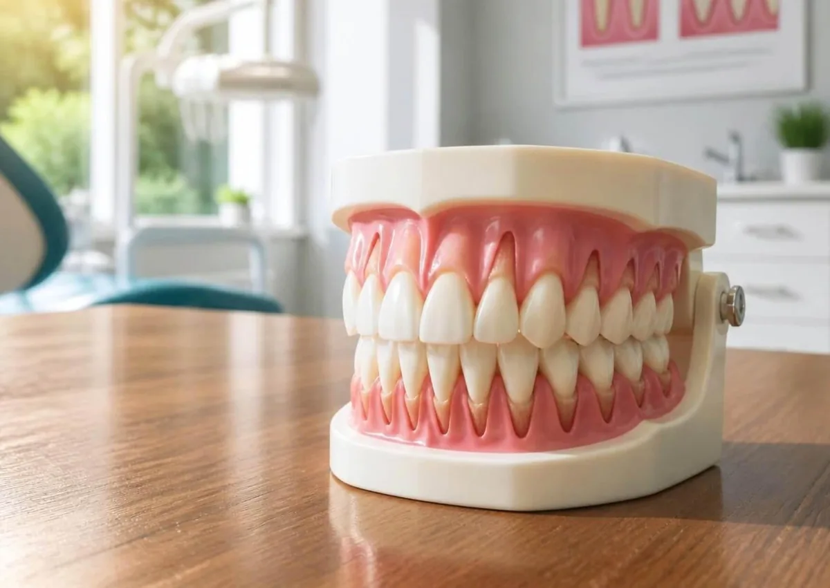Dental model illustrating gum recession and exposed tooth roots, highlighting signs of periodontal disease and the differences between gingivitis and periodontitis.