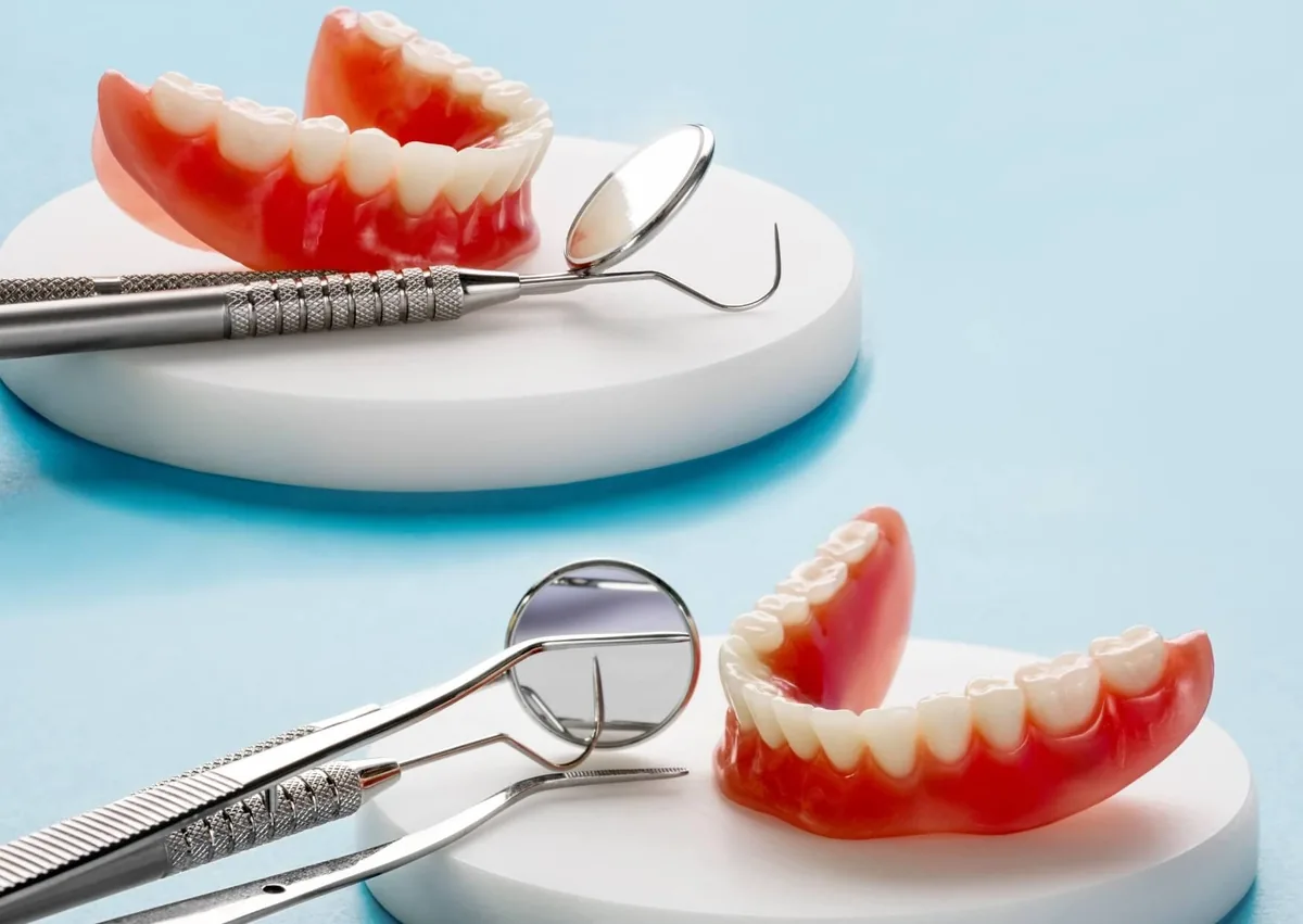 Upper and lower dentures displayed with dental instruments, highlighting the importance of proper maintenance and regular dental checkups for denture longevity.