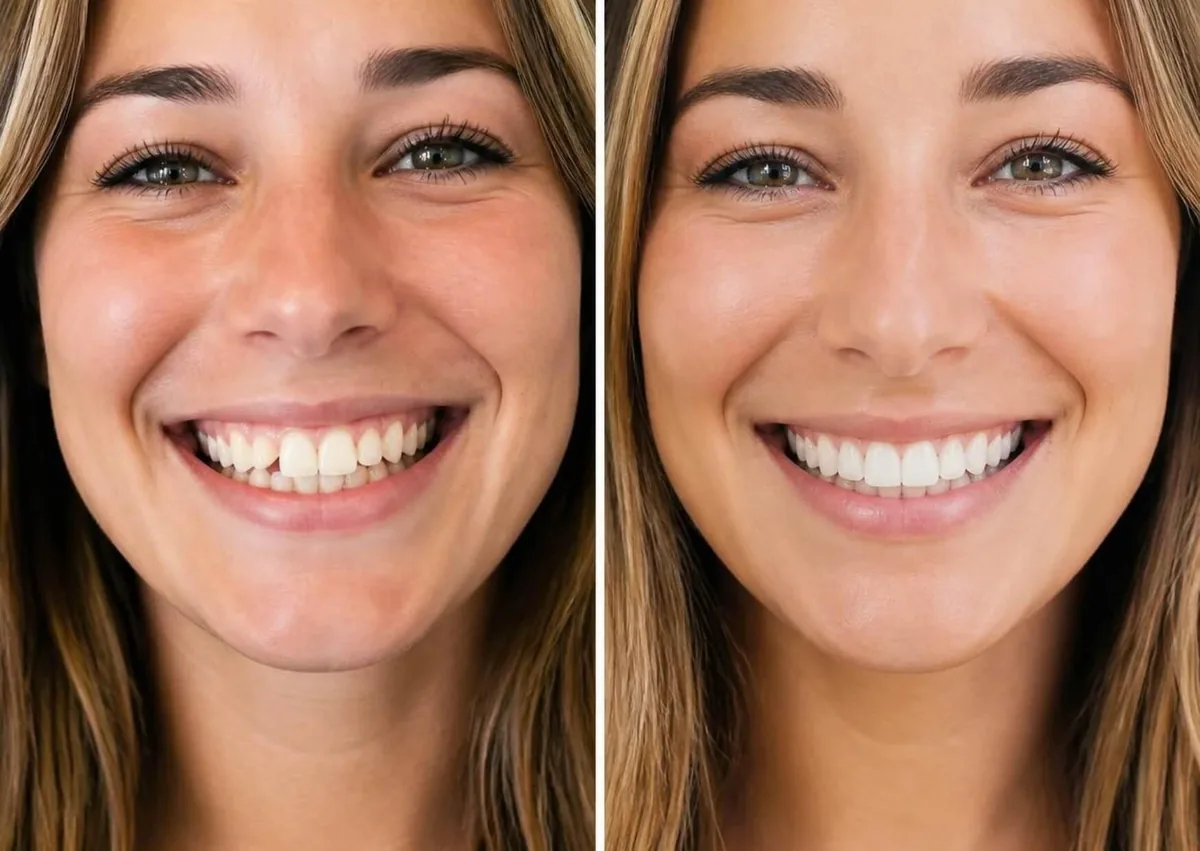 Before-and-after smile makeover comparison showing improvements in tooth alignment, shape, and color for a brighter, more uniform smile.